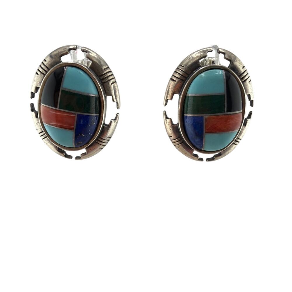 Vintage Carolyn Pollack Relios Sterling Silver  Mosaic Inlay Post Earrings